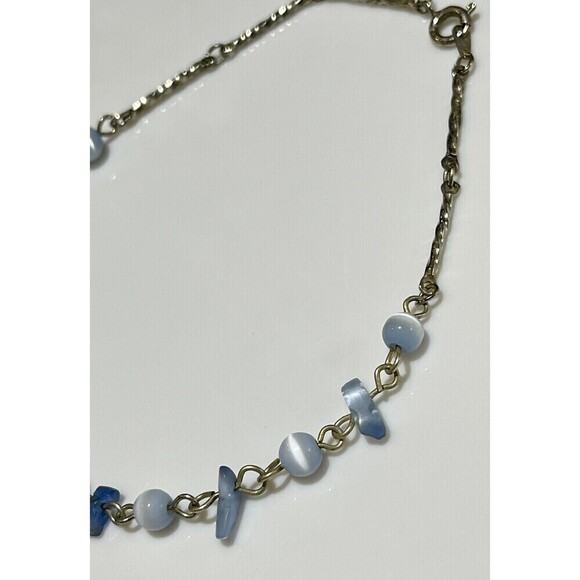 Sterling Silver Plated 6mm Blue Cats Eye Ball Bead 9in Bar Chain Bracelet VTG - Picture 2 of 7